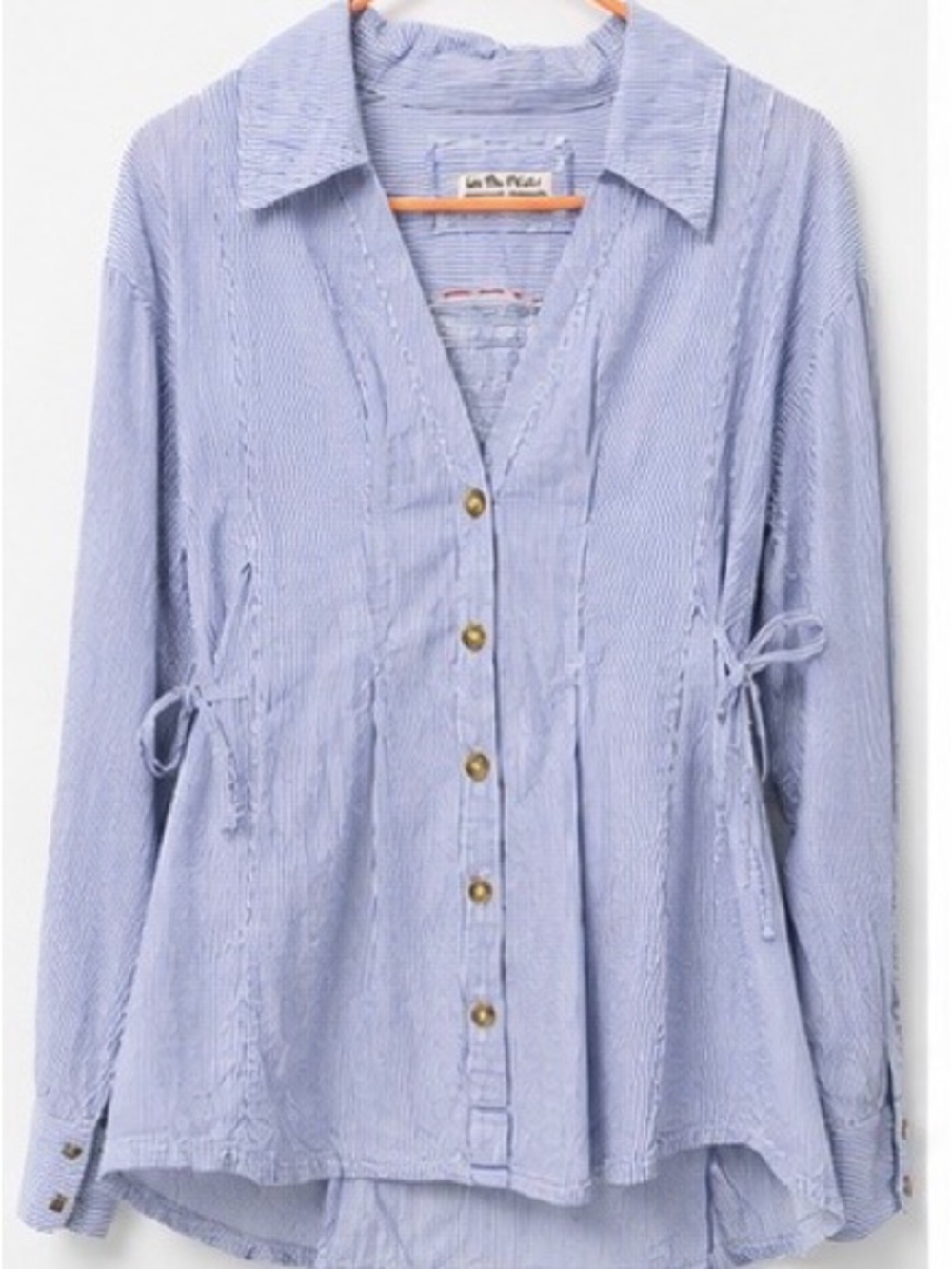 Free People We The Free Martin Oxford Blue  Stripe Tie-Waist Button Front XS - Picture 3 of 10
